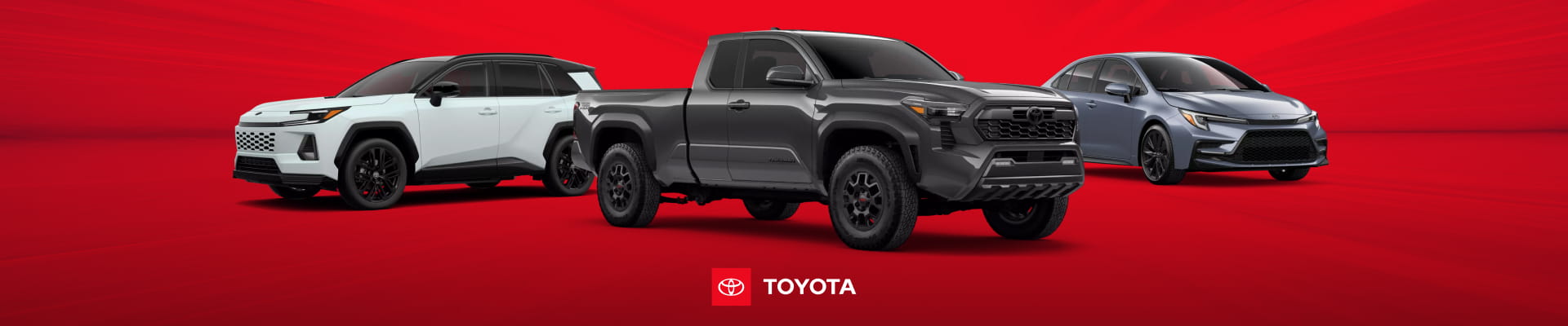 2026 Toyota RAV4 XSE, 2026 Tacoma TRD PreRunner and 2026 Corolla XSE on a red Toyota-branded background.