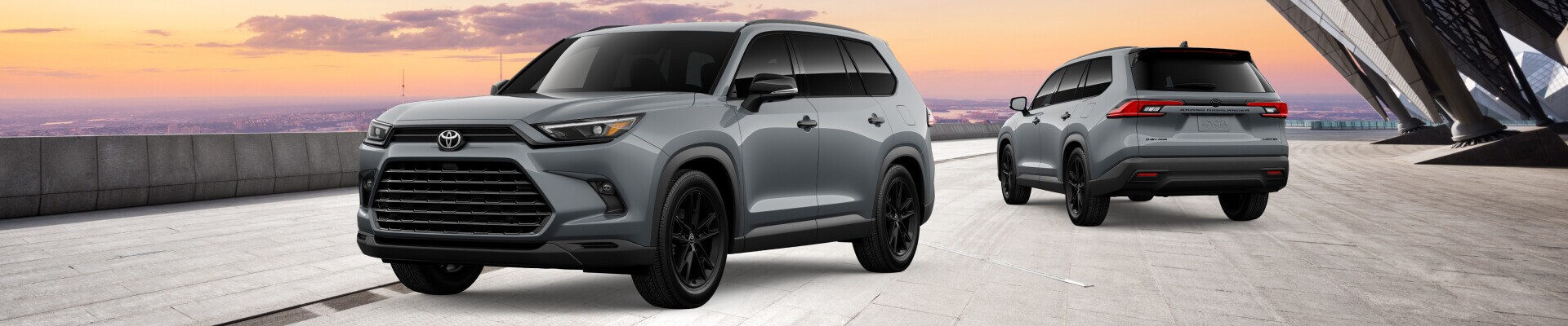 Front and rear angles of a 2026 Toyota Grand Highlander Hybrid Nightshade AWD