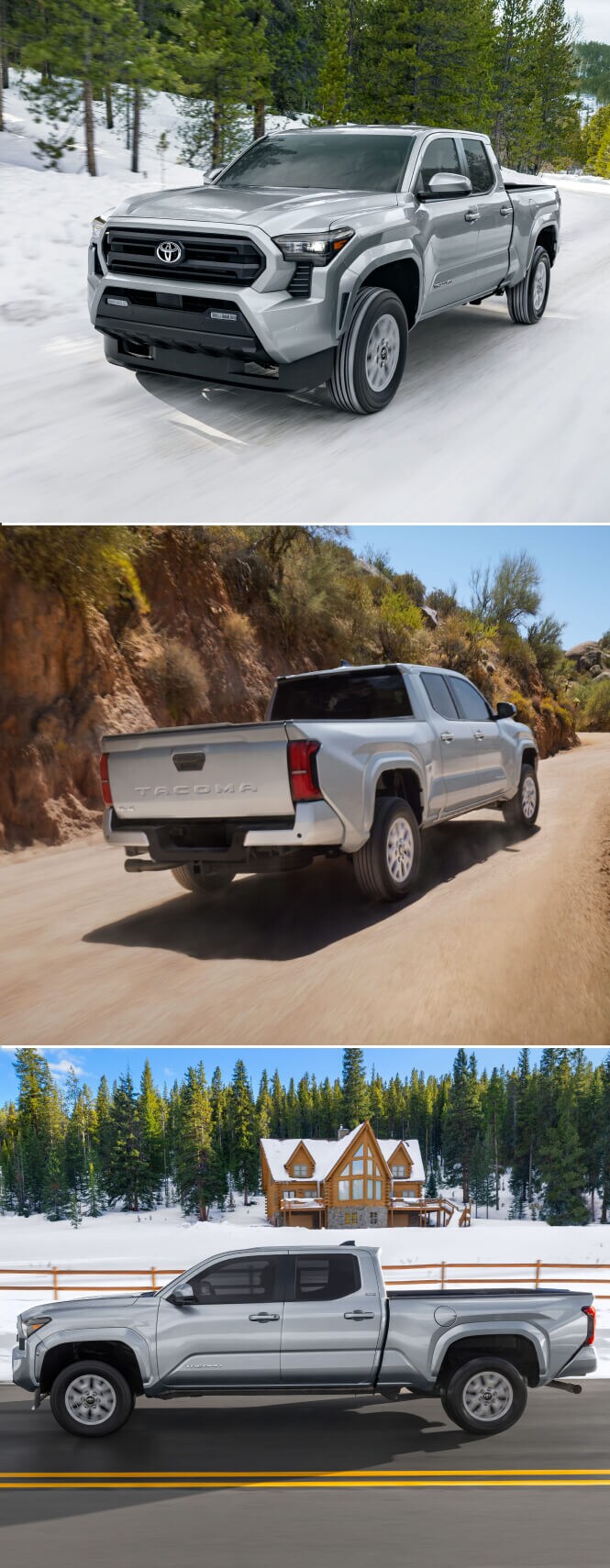 Three images of the 2024 & 2025 Toyota Tacoma SR5 Pickup Truck in different types of terrain