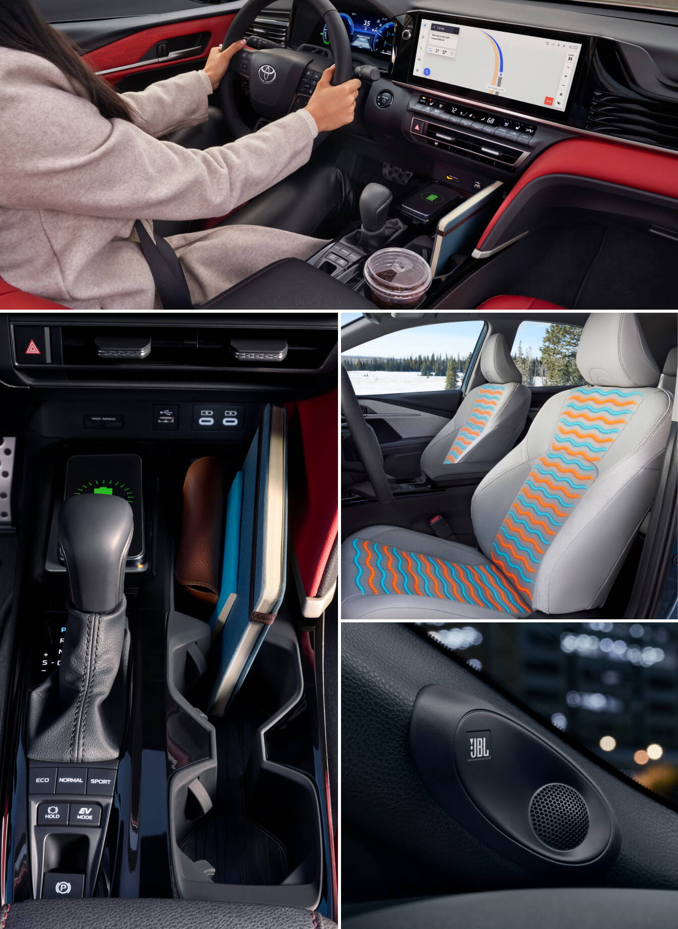 Three interior shots of the updated 9th-gen Toyota Camry featuring the shifter, center console, wheel, infotainment system, and more