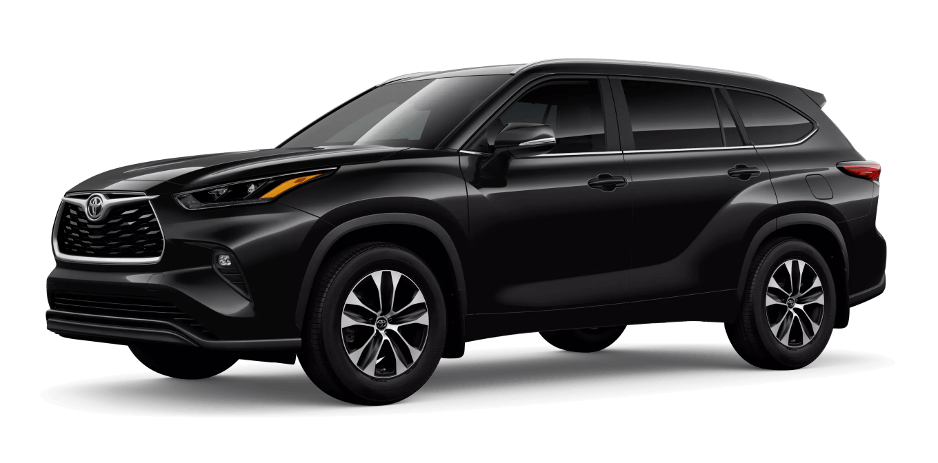 2026 Toyota Highlander XLE in Midnight Black Metallic in three quarter angle.