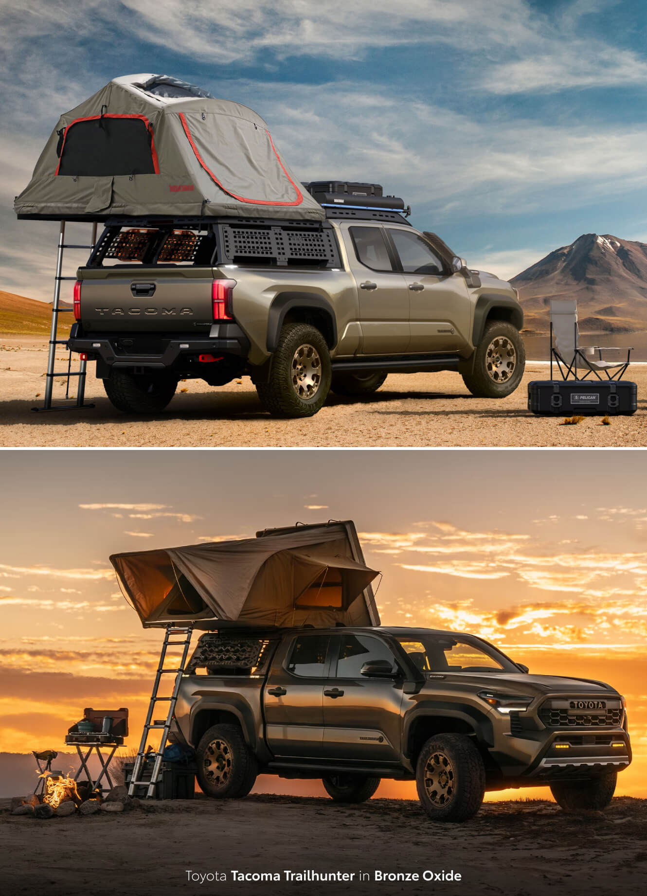 Pop-up camper setup on the back of a Toyota Tacoma Trailhunter in Bronze Oxide in front of a desert landscape
