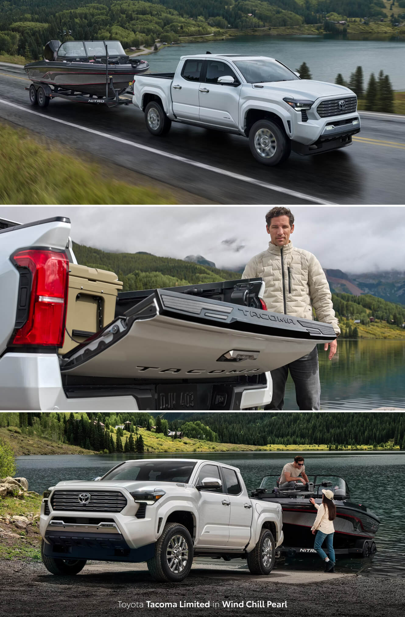 Three images of a Toyota Tacoma Limited in Wind Chill Pearl: towing a boat with a lake in the background and launching the boat at a ramp on the lake