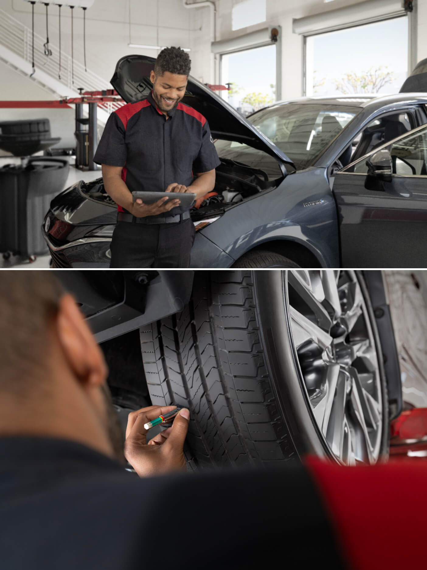 A Toyota Technician in front of a Toyota Prius with its hood up checks diagnostics on a tablet. Another checks tire tread in a close-up.