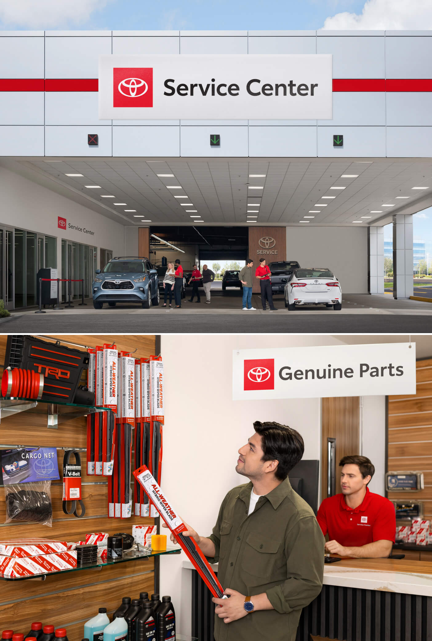 An exterior view of a Toyota Service Center. A Toyota Salesman helps a man man shop for Toyota Genuine Parts in an interior shot