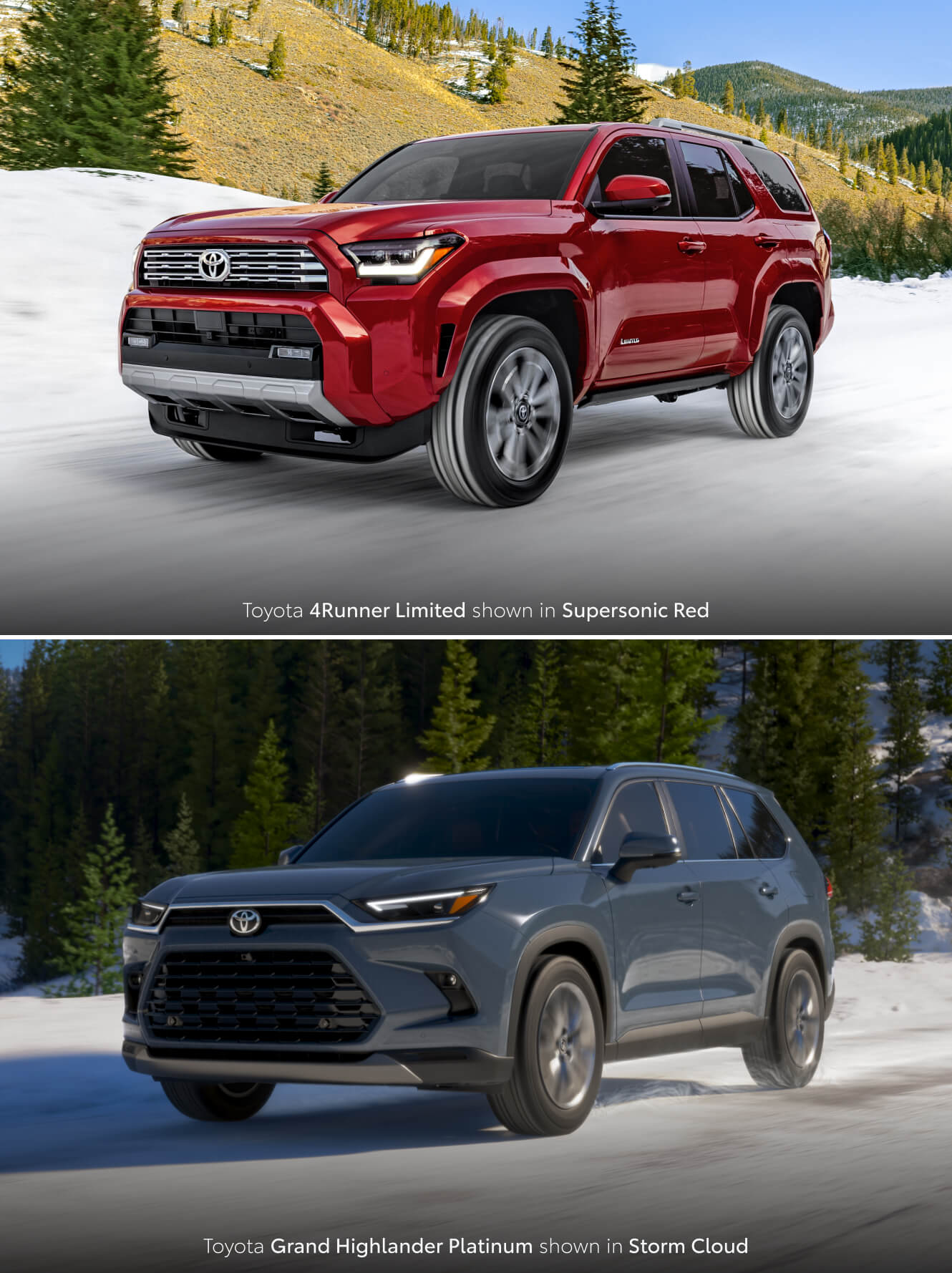 2 Images of Toyota SUVs driving on icy terrain. On top a 2024 4Runner Limited in Supersonic Red and on bottom a 2026 Toyota Grand Highlander Platinum in Storm Cloud Blue