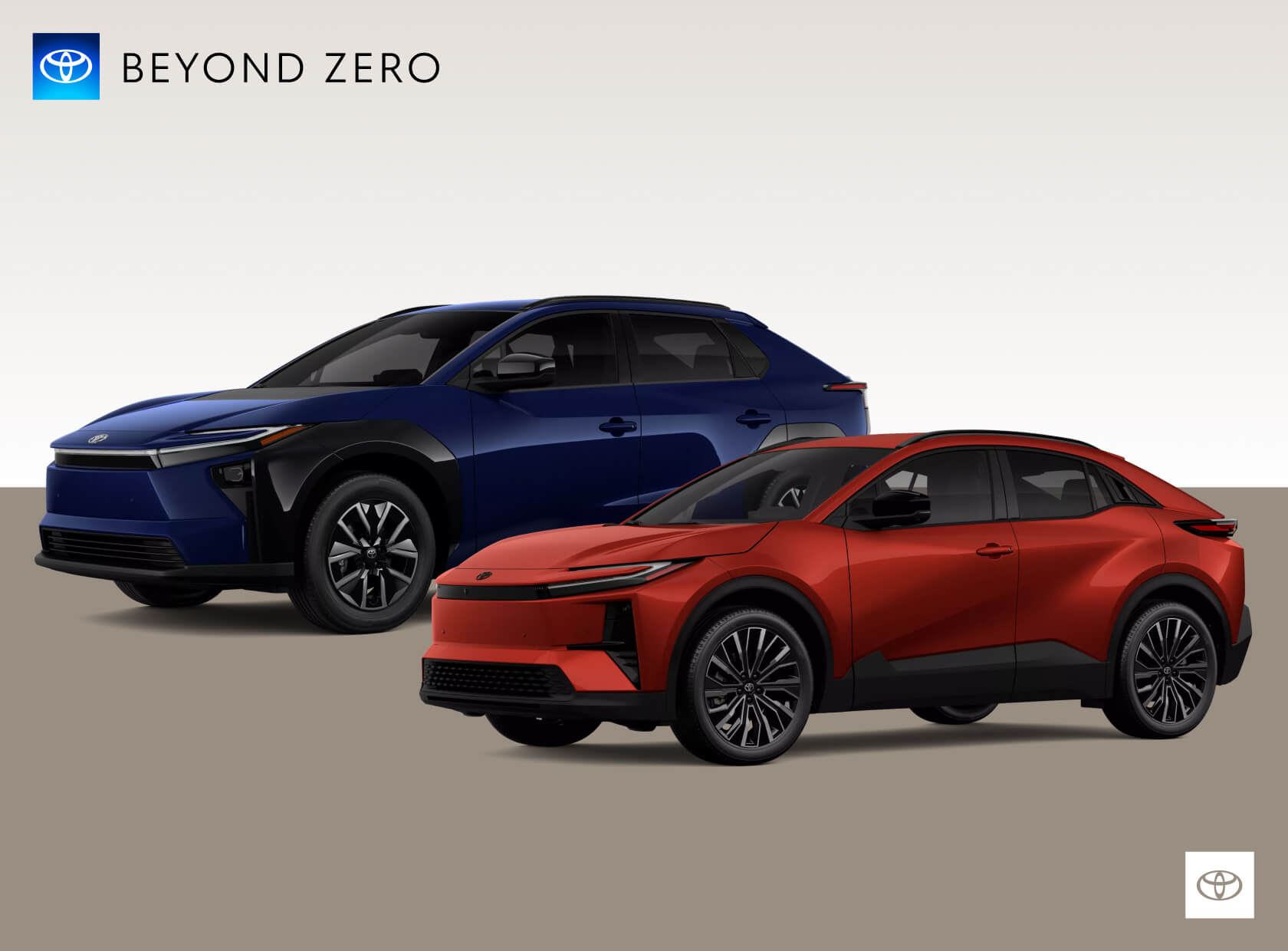 Comparative vehicle lineup showing a Blueprint 2026 Toyota bZ XLE and a Tandoori 2026 Toyota C-HR XSE.