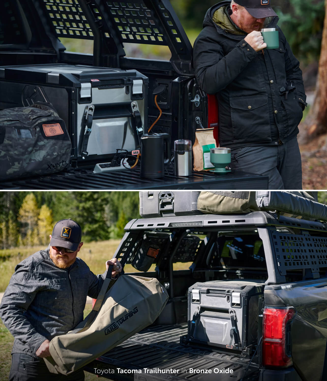 Outdoorsman unpacking his Toyota Tacoma Trailhunter in Bronze Oxide at a campsite