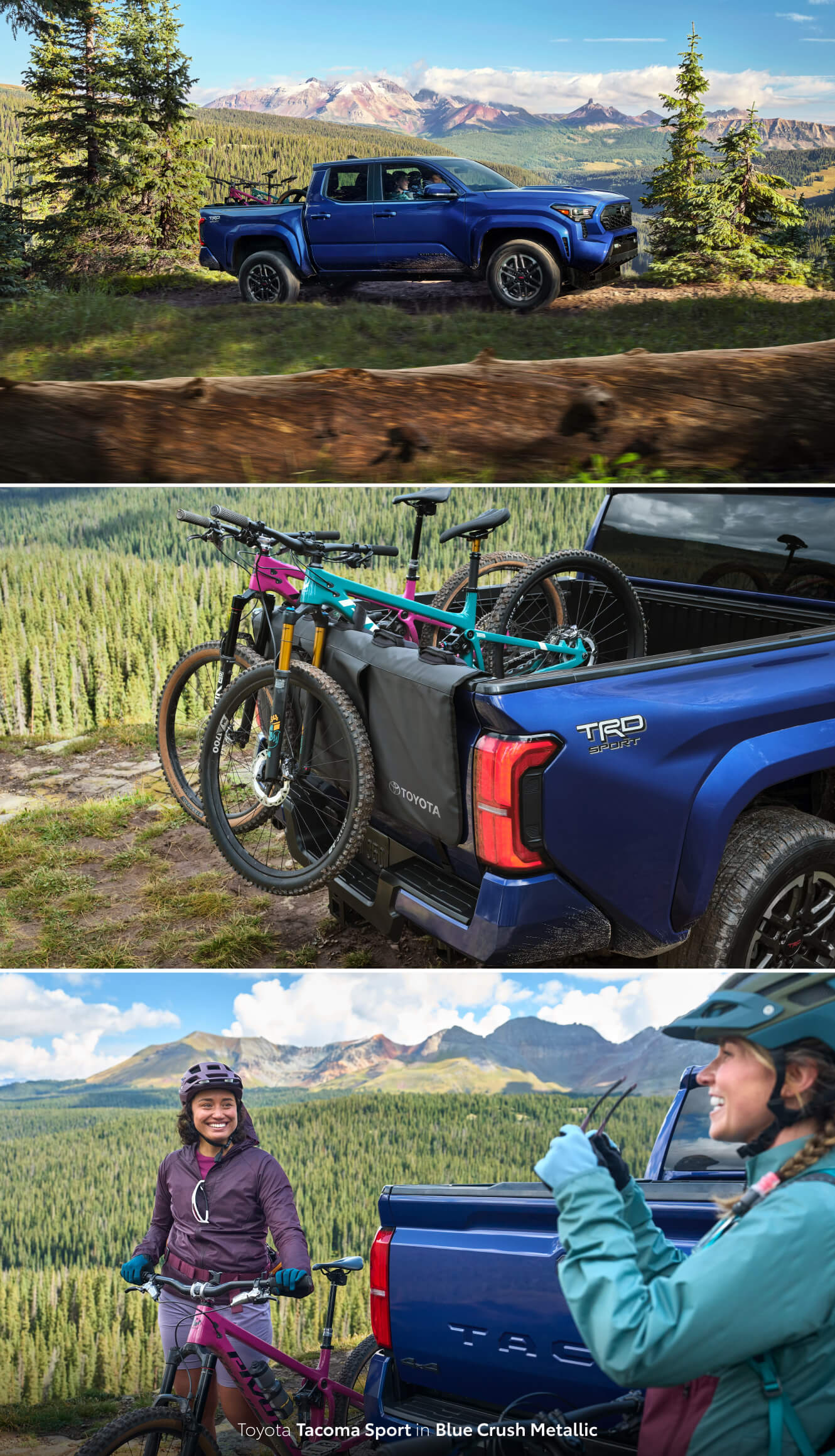Multiple images of a Toyota Tacoma Sport in Blue Crush Metallic hauling mountain bikes in the forest