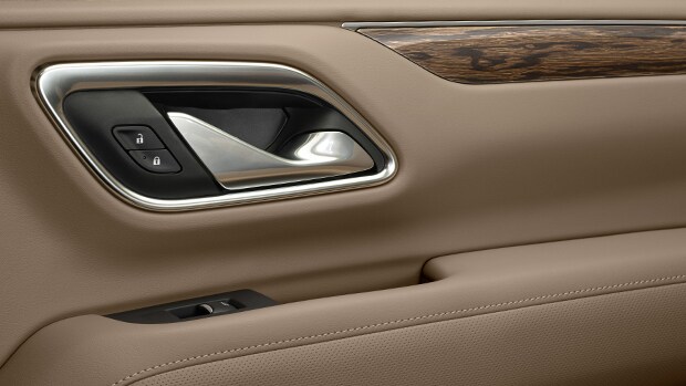 2021 Chevy Tahoe leather interior with red contrast stitching