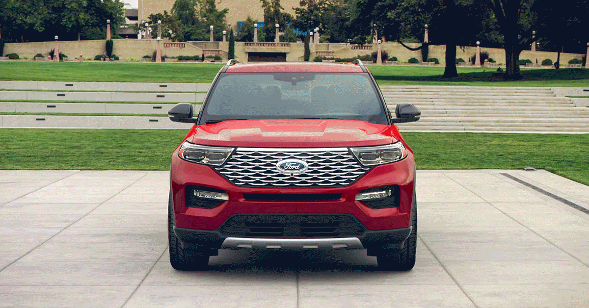 2020 red Ford Explorer exterior in a city setting