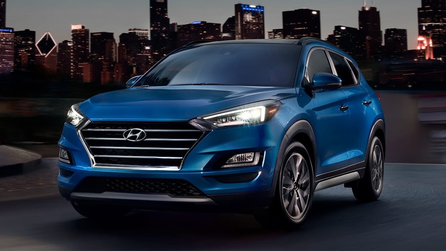 Blue 2020 Hyundai Tucson LED Headlights driving at night