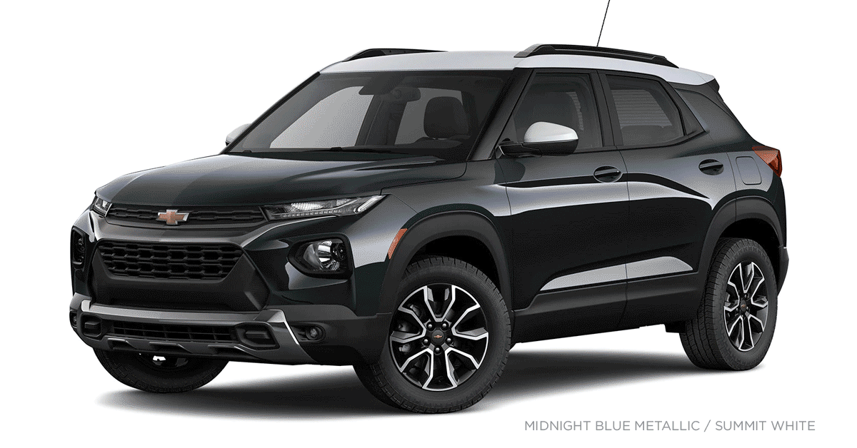 2020 Chevy Trailblazer ACTIV Exterior Colors: Midnight Blue Metallic/Summit White, Zeus Bronze Metallic/Summit White, Dark Copper Metallic/Summit White, Summit White / Zeus Bronze, Summit White / Summit White, Mosaic Black Metallic / Zeus Bronze Metallic, Mosaic Black Metallic / Summit White, Iridescent Pearl Tricoat / Zeus Bronze Metallic, Stain Steel Metallic / Summit White.