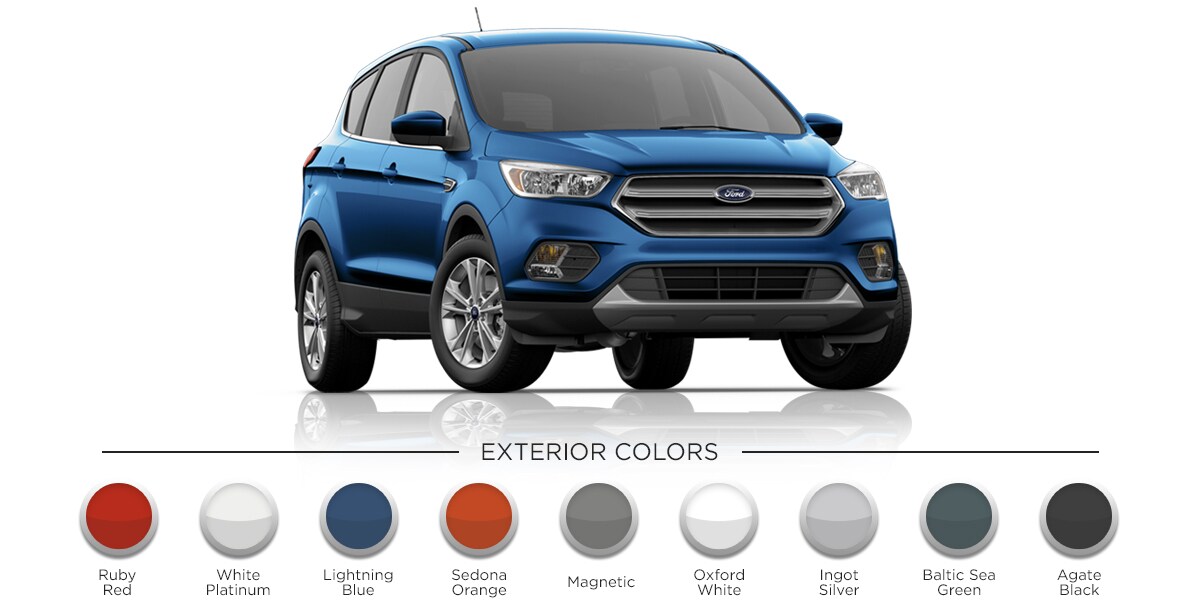 2019 Lightning Blue Ford Escape Parked previewing all exterior colors (Ruby Red, White Platinum, Lighting Blue, Sedon Orange, Magnetic, Oxford White, Ingot Silver, Baltic Sea Green, Agate Black)