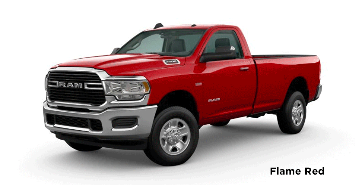 2020 Ram 2500 exterior colors (Flame Red, Delmonico Blue, Hydro Blue, Patriot Blue, Billet Silver, Granite Silver, Maximum Steel, Diamond Black)