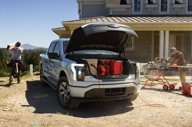 Ford F-150 Lightning charging in a garage
