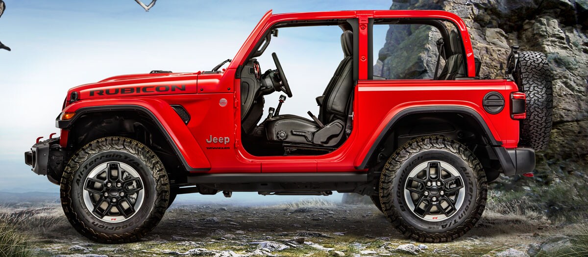 2020 Red Jeeep Wrangler Two-Door no doors or roof