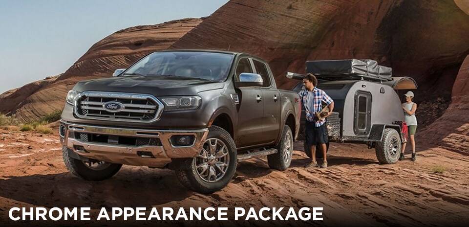 2019 Hot Pepper Red Ford Ranger Chrome Appearance Package parked in an open valley