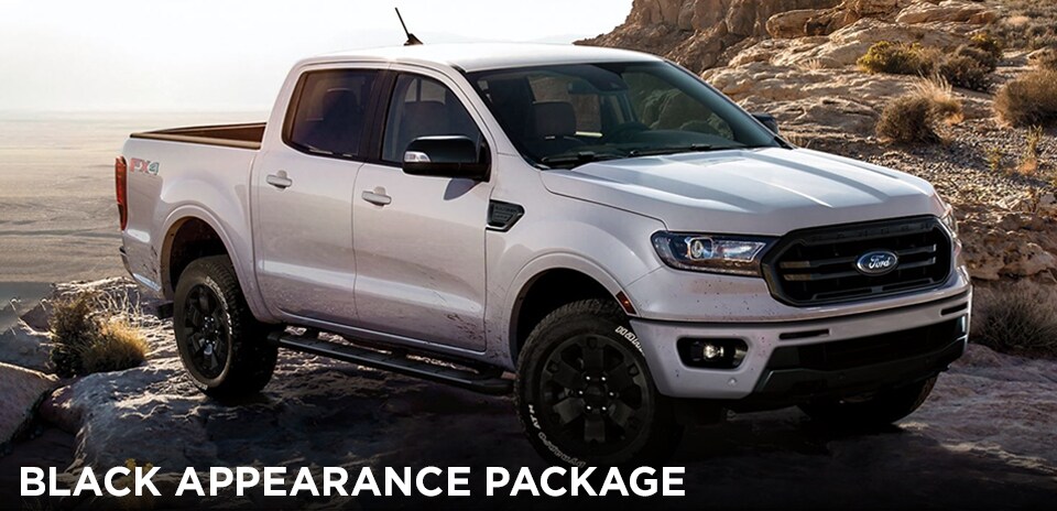 2019 Oxford White Ford Ranger Black Appearance Package parked on rocks