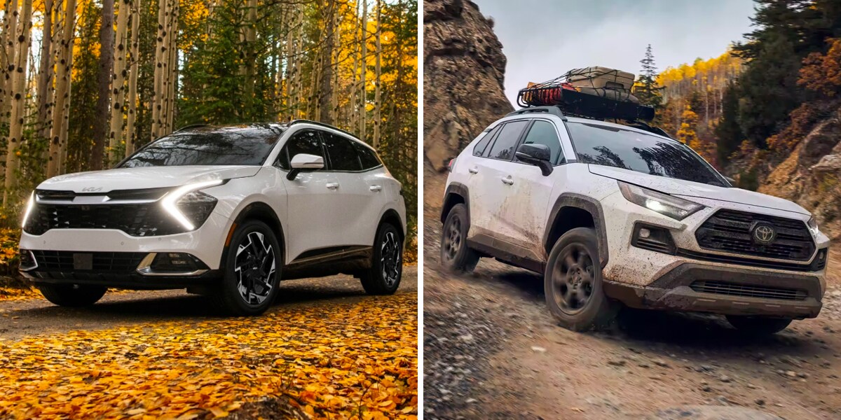 Kia Sportage parked in the woods during fall and Toyota RAV4 off-roading muddy
