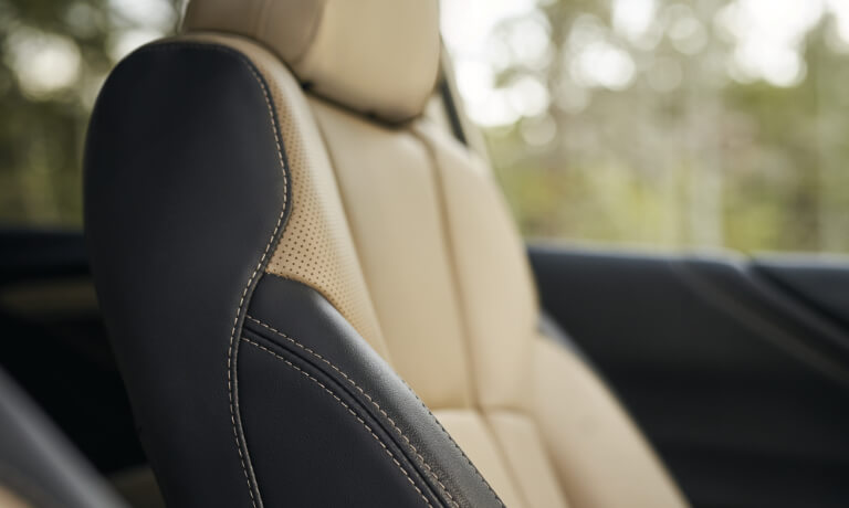 Closeup of the leather seats in a 2020 Subaru Outback
