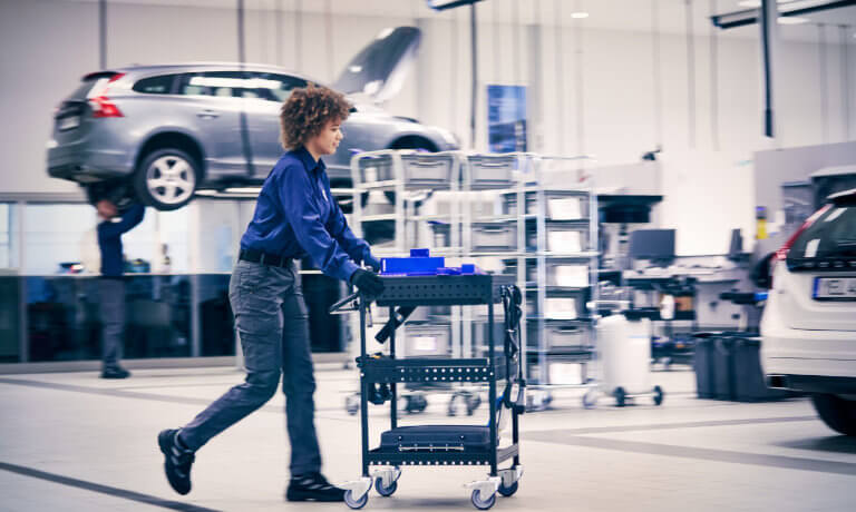 Volvo car being serviced in garage