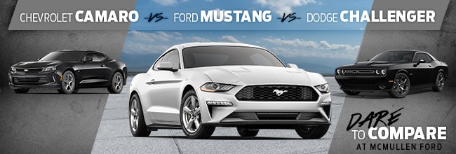 McMullenFord-DareToCompare-650x220.jpg Compare the 2018 Ford Mustang to its peers, the Dodge Challenger and Chevrolet Camaro, and the results are clear; the Mustang is still the best hotrod around