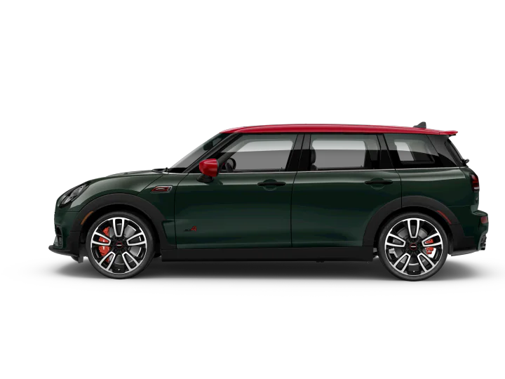 Side view of a dark green MINI Clubman on a white background.