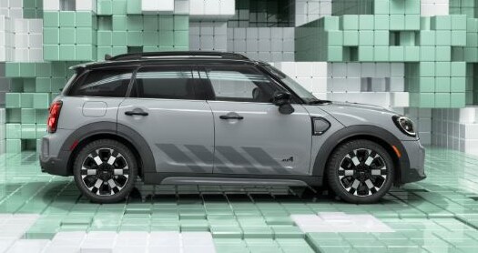 Side view of MINI Untamed Edition next in a CGI world made up of 3D, Tetris-like boxes