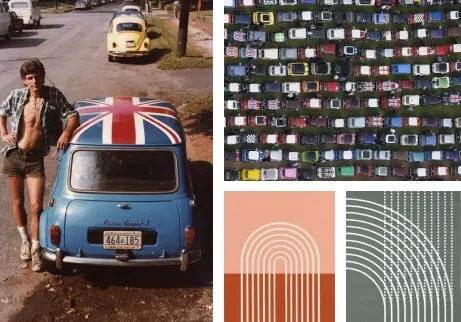 3..jpg Four images of the MINI Multitone Edition history including (clockwise from top left) a classic MINI in light blue with an English flag emblazoned on the roof and a man standing next to it, an overhead view of several MINI vehicles of different colors, and two different white line design patterns in orange and green.