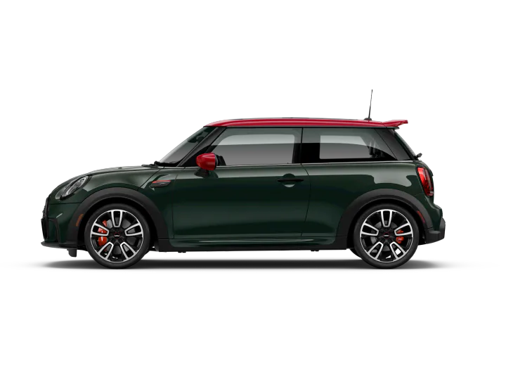 Side view of a dark green MINI Hardtop 2 Door on a white background.