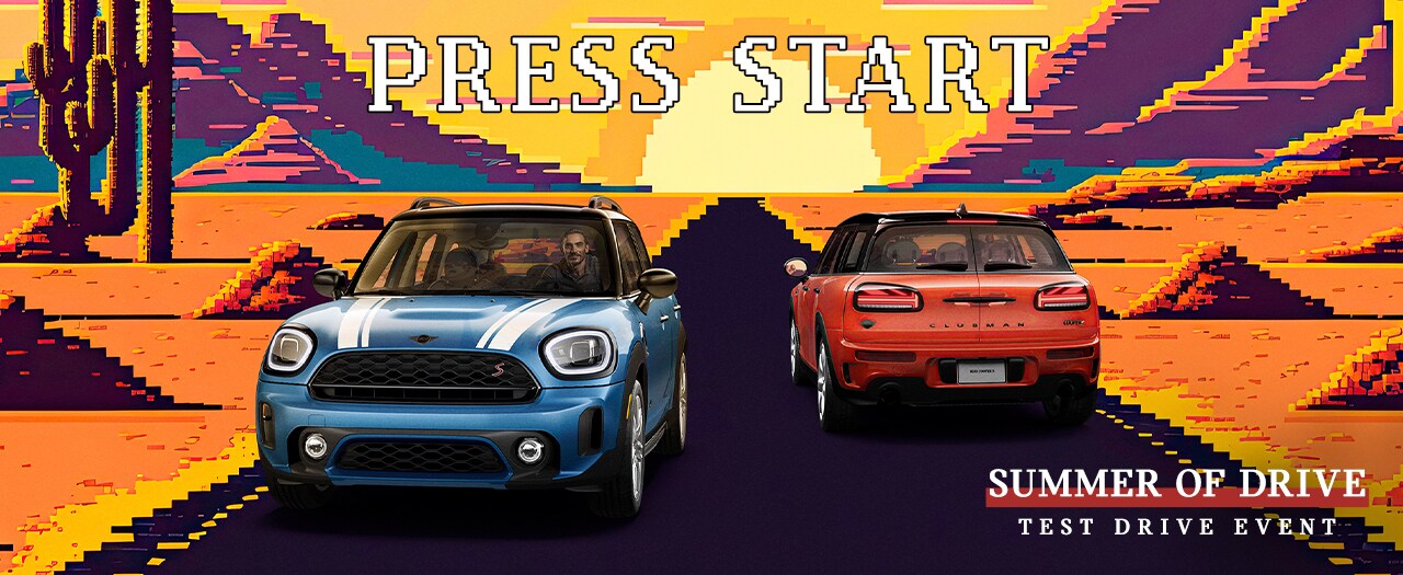 POD_MINI_SummerOfDrive_Header_1280x525_A.jpg 2 illustrated MINI's,
One front view with male driver, and one rear view, side by side with a painted
desert background.