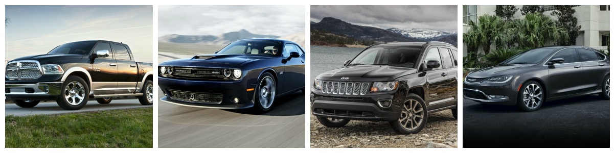 collage of new Ram, Dodge, Jeep & Chrysler models collage of new Ram truck, Dodge Charger, Jeep SUV & Chrysler 200