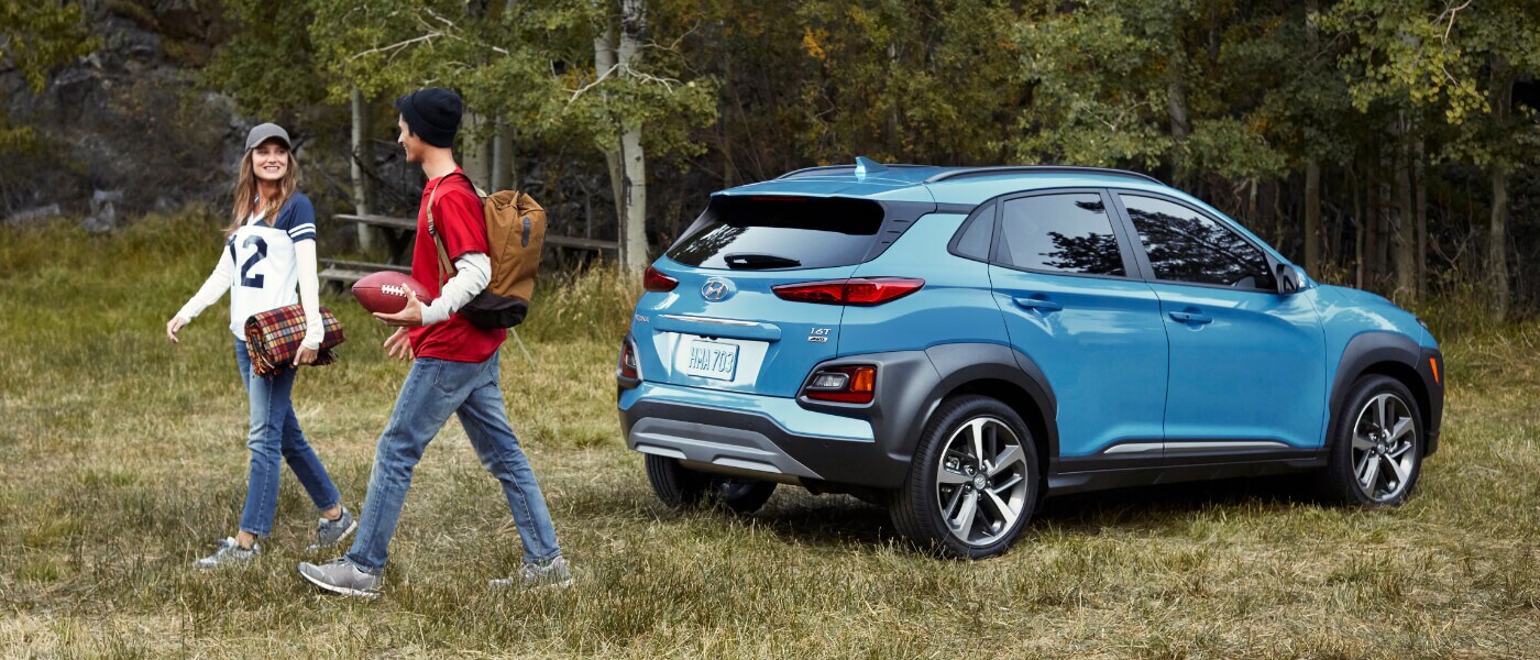 2021 Blue Hyundai Kona Parked in a Forest
