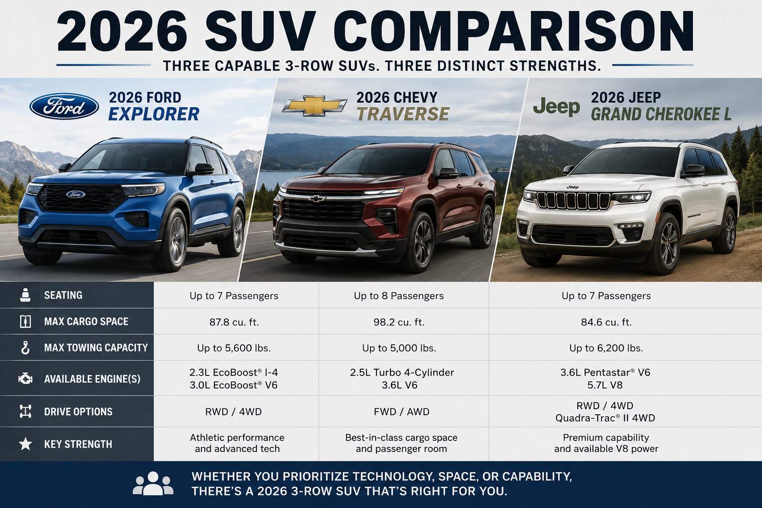 2026 Ford Explorer vs 2026 Chevy Traverse vs 2026 Jeep Grand Cherokee L comparison