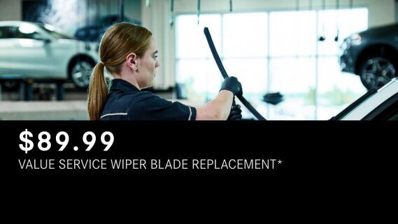 Learn about the Mercedes-Benz Value Service Front Wiper Blades package Mercedes-Benz Value Service showing a technician replacing a front wiper blade