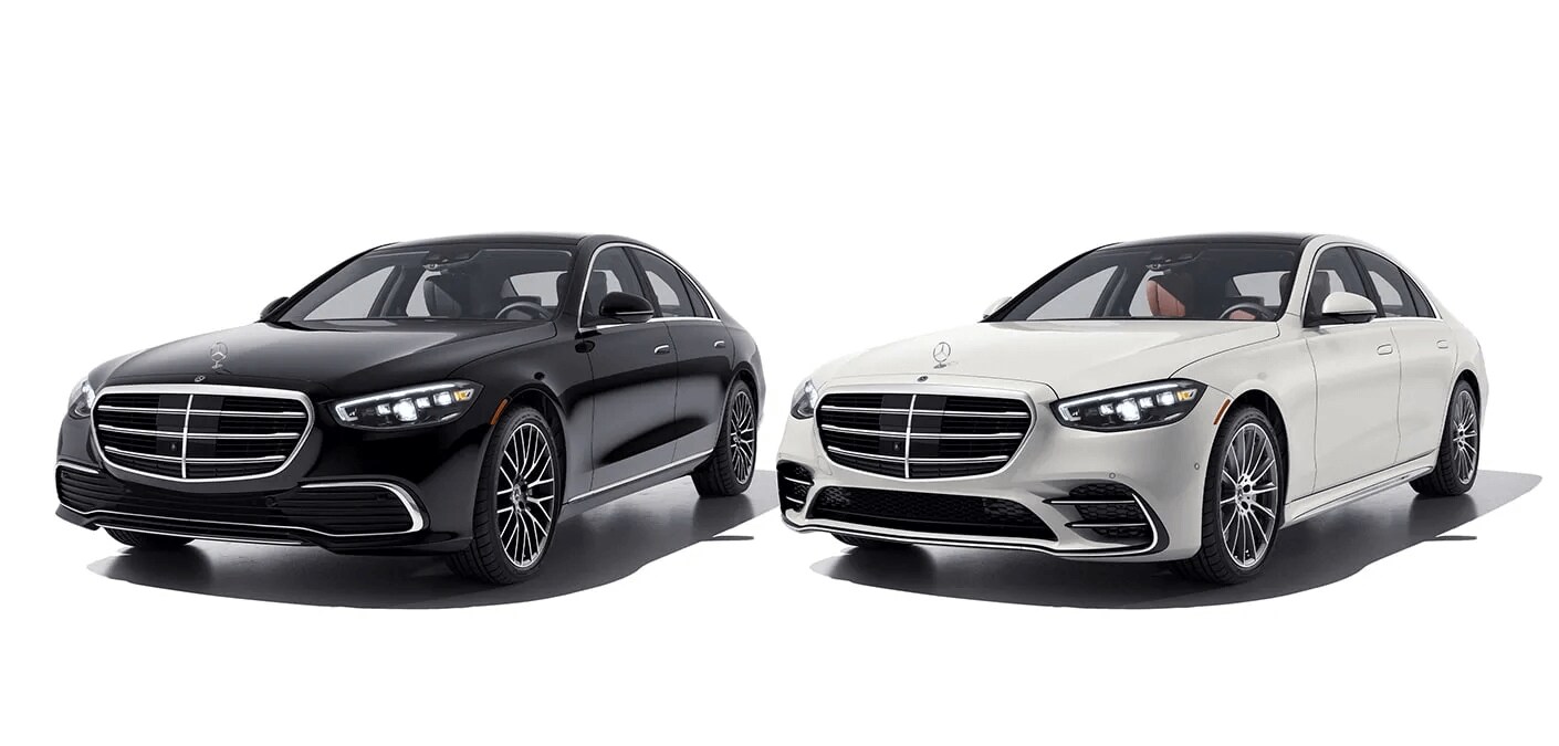 The Mercedes-Benz S-Class is the largest Mercedes-Benz sedan, available at Mercedes-Benz of San Jose A black Mercedes-Benz S-Class and a white Mercedes-Benz S-Class parked side by side