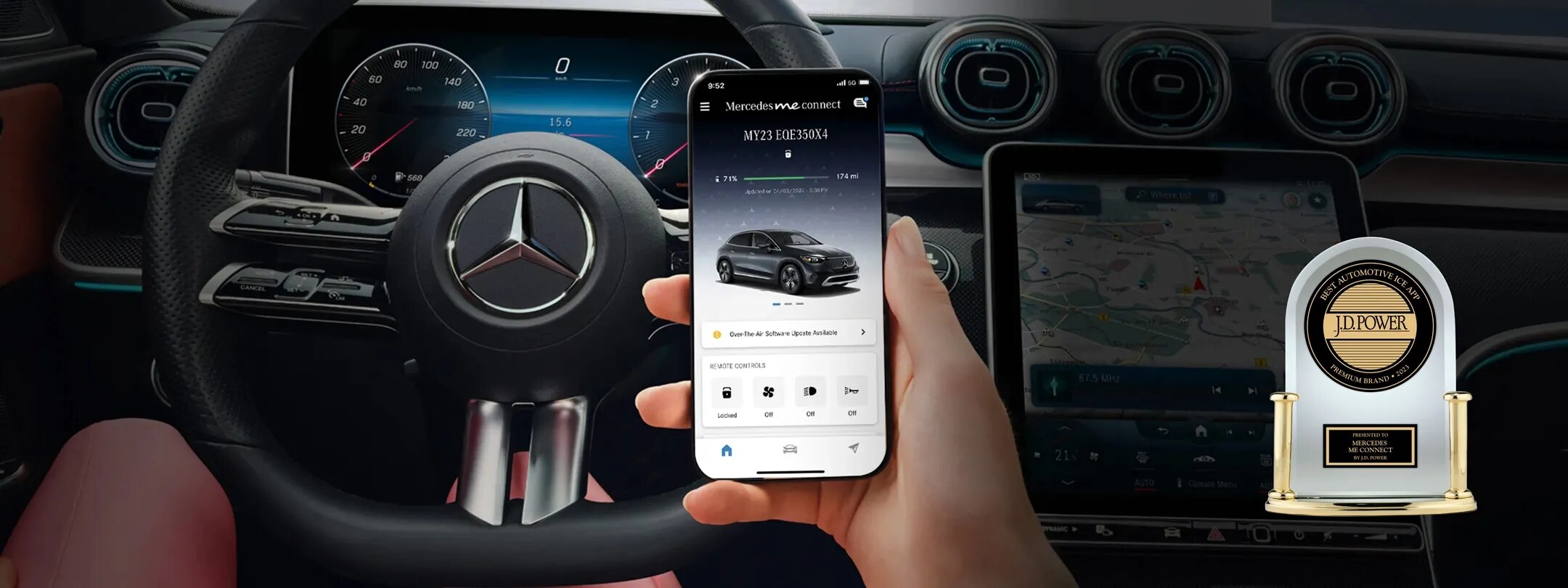 The interior of a Mercedes-Benz showcasing the Mercedes me connect App and a JD Power and Associates award