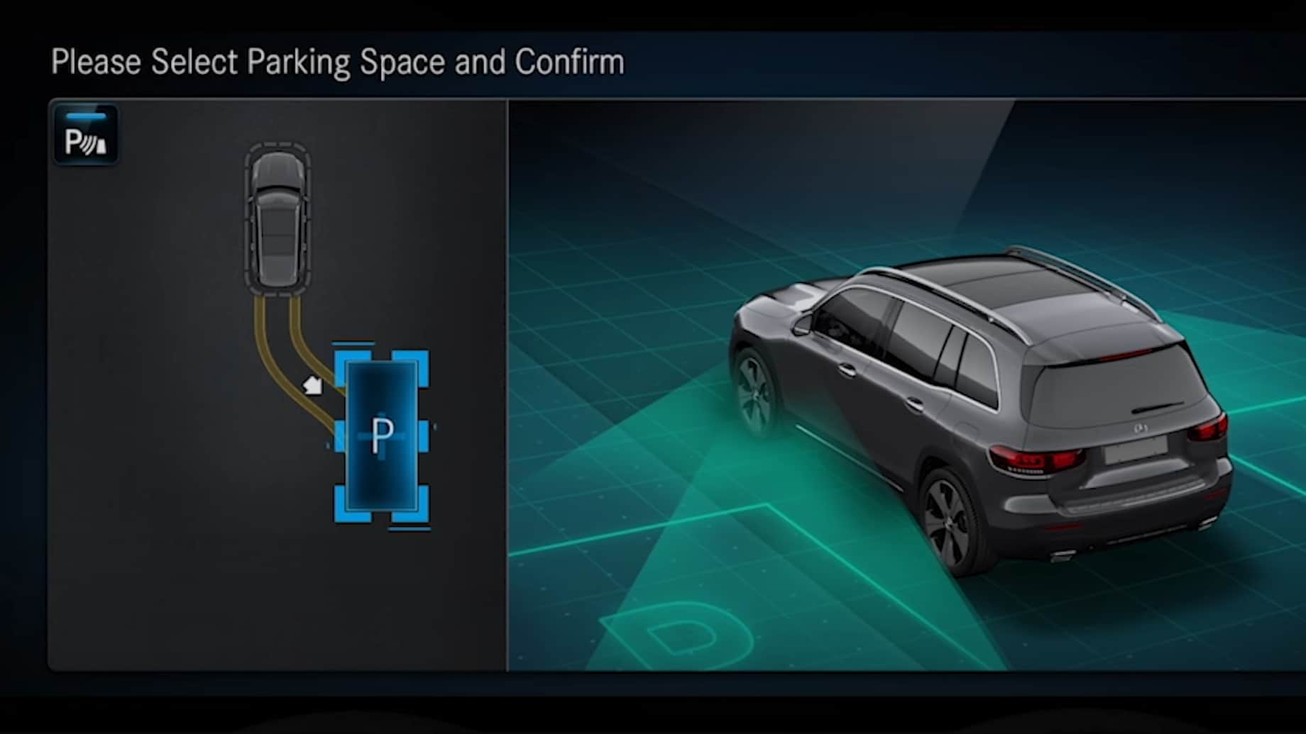 A UI showcasing the Mercedes-Benz Remote Parking Assist