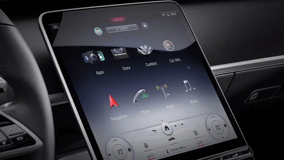 Learn about four standard advanced safety features in the Mercedes-Benz S-Class sedan Interior shot of the Mercedes-Benz S-Class touchscreen