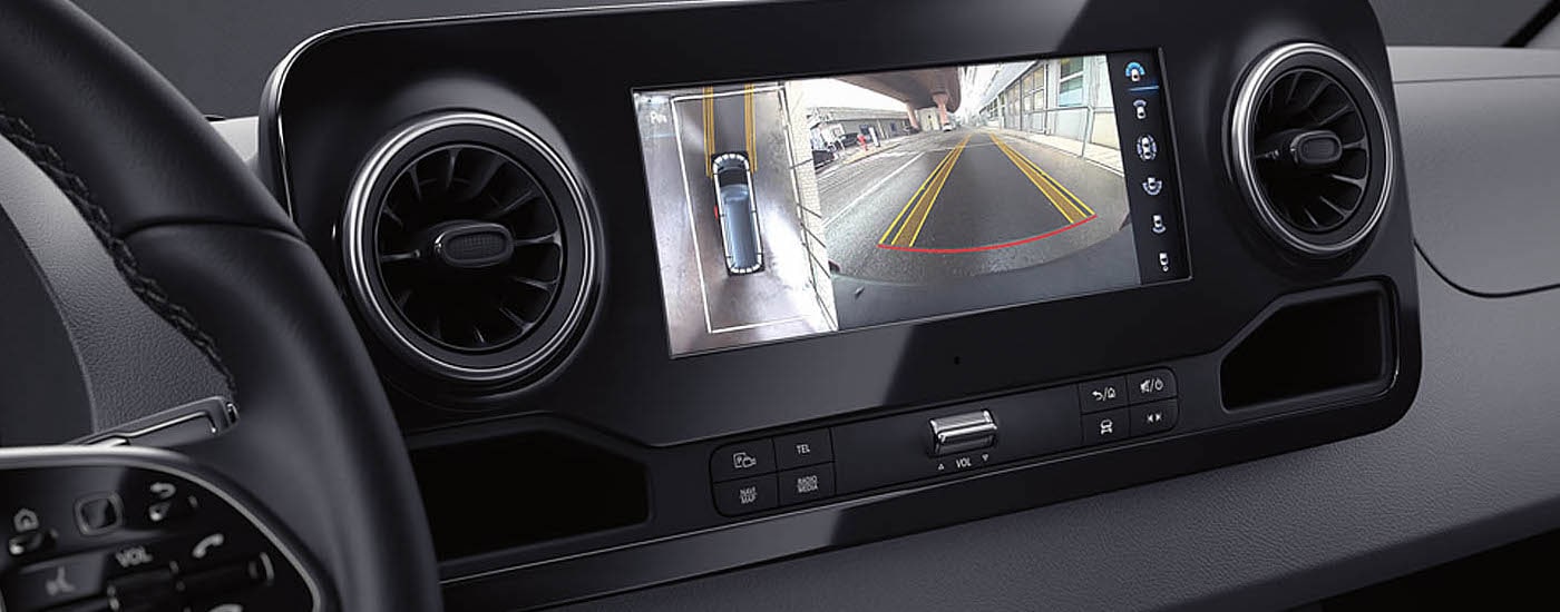 Close-up of the rear camera backup screen in a 2024 Mercedes-Benz Sprinter 2500 for sale near West Chester.