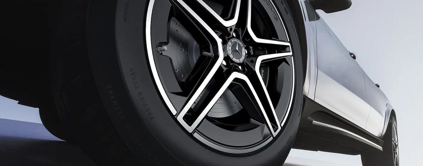 Close-up of the wheel on a silver 2025 Mercedes-Benz GLE for sale.