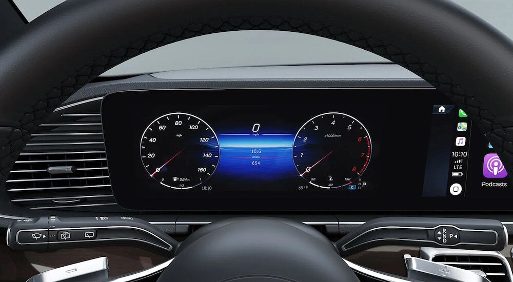 The digital instrument cluster in a 2025 Mercedes-Benz GLS 450 at a Mercedes dealer.