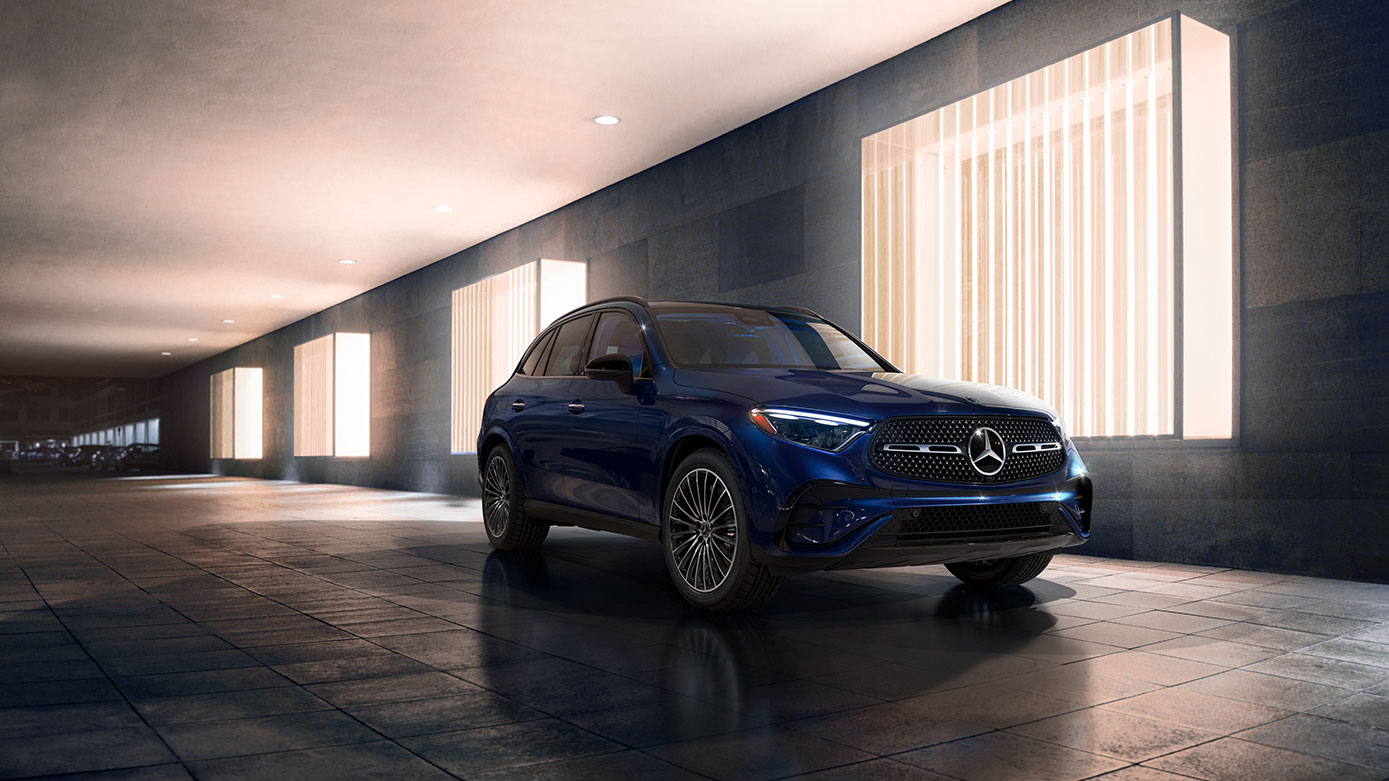 dark blue Mercedes-Benz GLC-Class parked in a modern garage