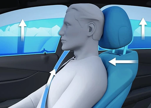 Illustration of PRE-SAFE tightening a belt and adjusting the seat of a front occupant