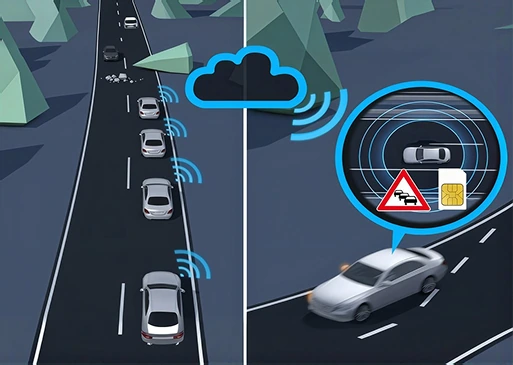 Illustration of cars sharing hazard warnings over a network through Car-to-X Communication