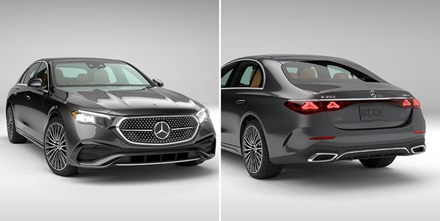 Front and rear three-quarter views of a dark grey E-Class Sedan with AMG body styling