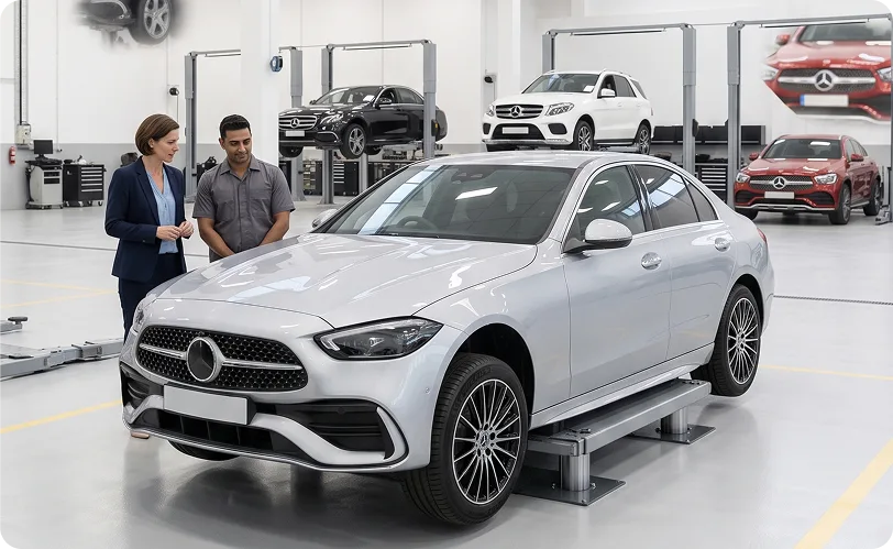 Service advisor and technician talking beside a silver Mercedes-Benz C-Class sedan on a service lift in a bright dealership workshop