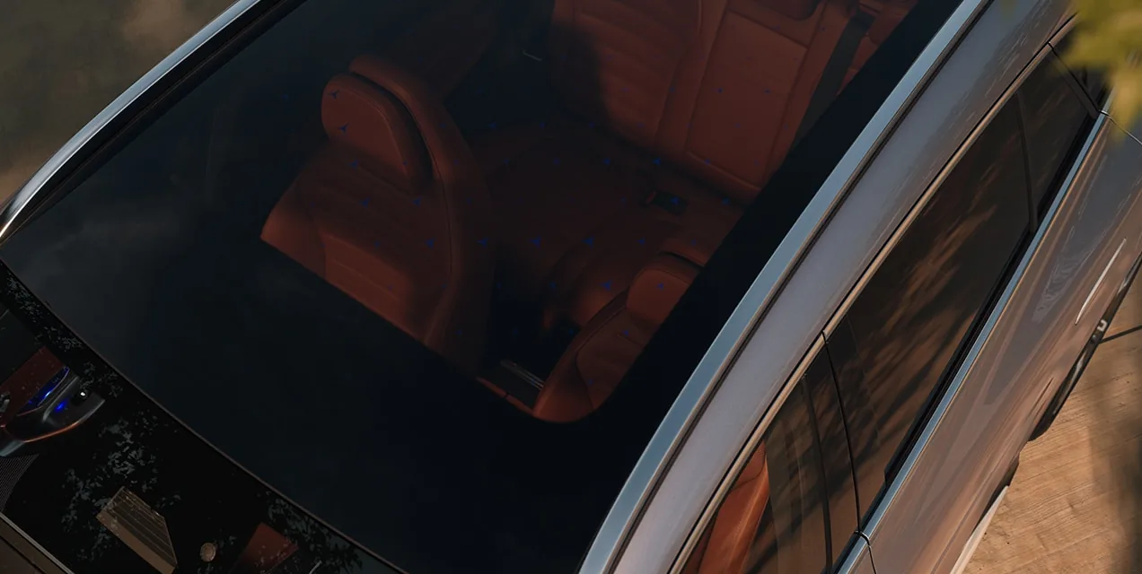 View through the GLC Electric SUV fixed Panorama roof into the cabin
