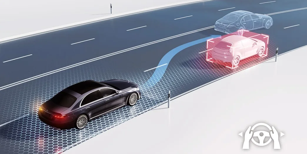 Illustration of a Mercedes-Benz changing lanes with driver assistance sensor fields shown